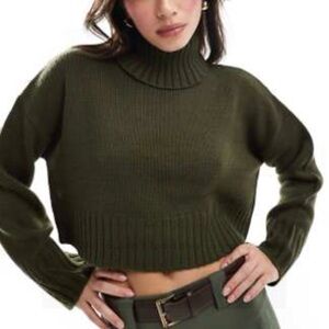 Cropped Olive Green Turtleneck Sweater